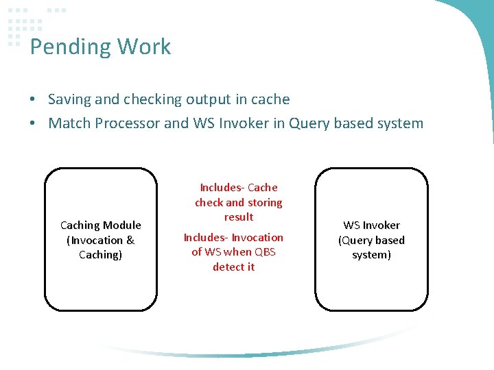 Pending Work • Saving and checking output in cache • Match Processor and WS