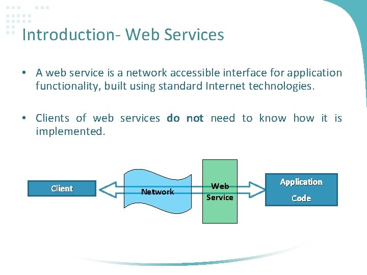 Introduction- Web Services • A web service is a network accessible interface for application