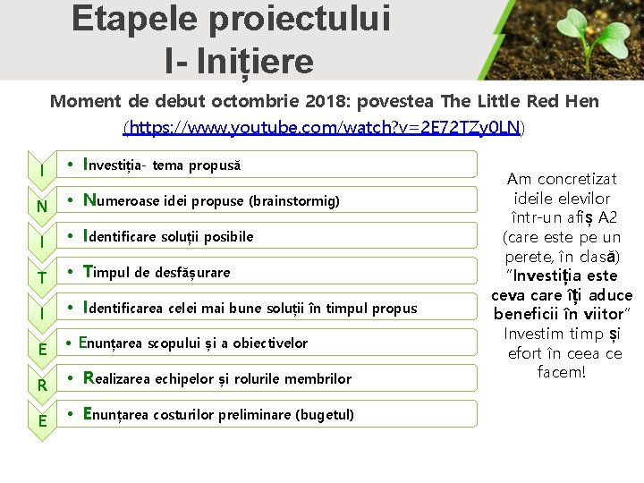 Etapele proiectului I- Inițiere Moment de debut octombrie 2018: povestea The Little Red Hen