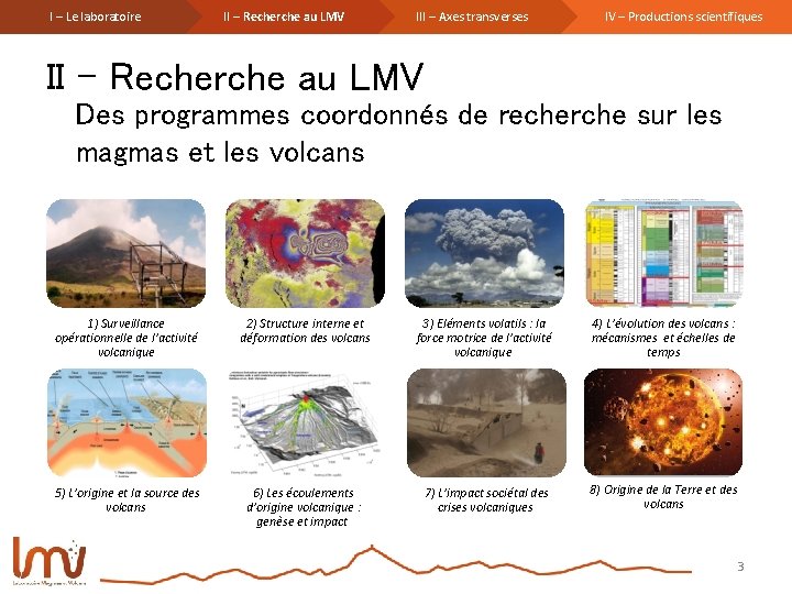 I – Le laboratoire II – Recherche au LMV III – Axes transverses IV