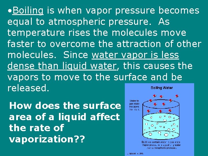  • Boiling is when vapor pressure becomes equal to atmospheric pressure. As temperature