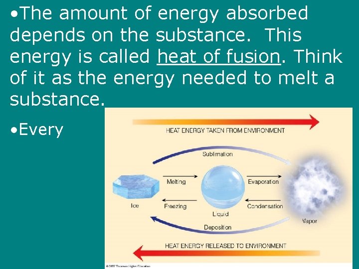  • The amount of energy absorbed depends on the substance. This energy is