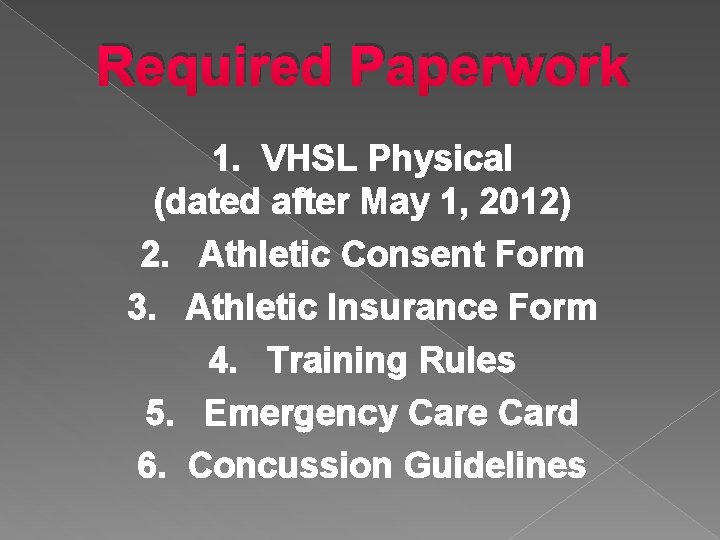 Required Paperwork 1. VHSL Physical (dated after May 1, 2012) 2. Athletic Consent Form