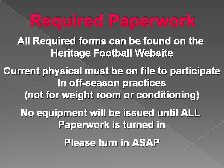 Required Paperwork All Required forms can be found on the Heritage Football Website Current