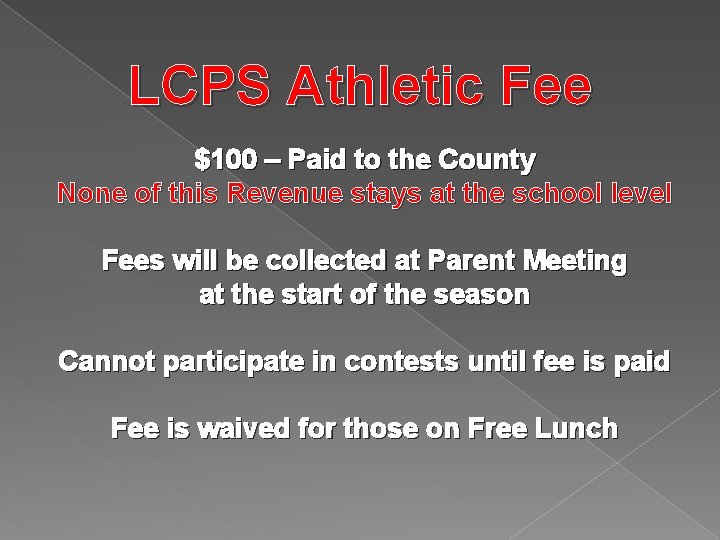 LCPS Athletic Fee $100 – Paid to the County None of this Revenue stays