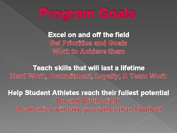 Program Goals Excel on and off the field Set Priorities and Goals Work to