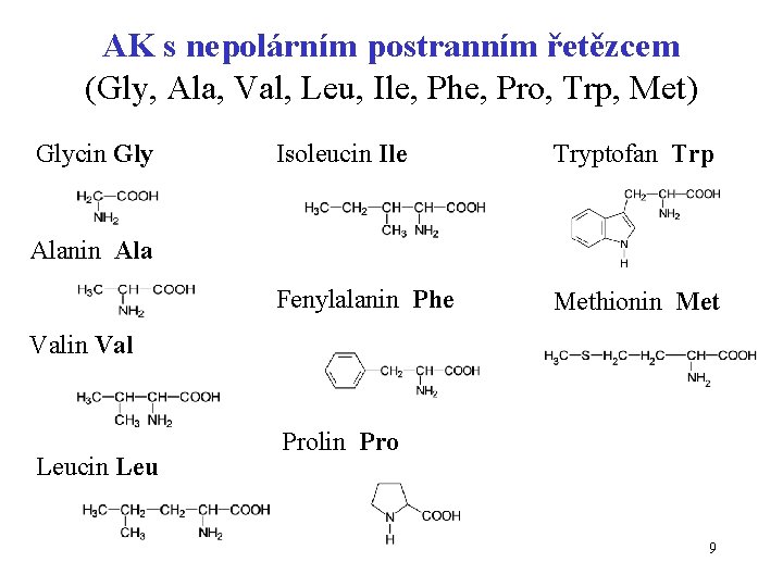 AK s nepolárním postranním řetězcem (Gly, Ala, Val, Leu, Ile, Phe, Pro, Trp, Met)