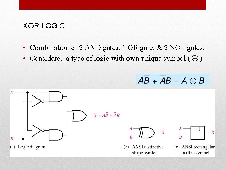 XOR LOGIC • Combination of 2 AND gates, 1 OR gate, & 2 NOT