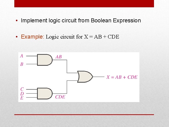 • Implement logic circuit from Boolean Expression • Example: Logic circuit for X