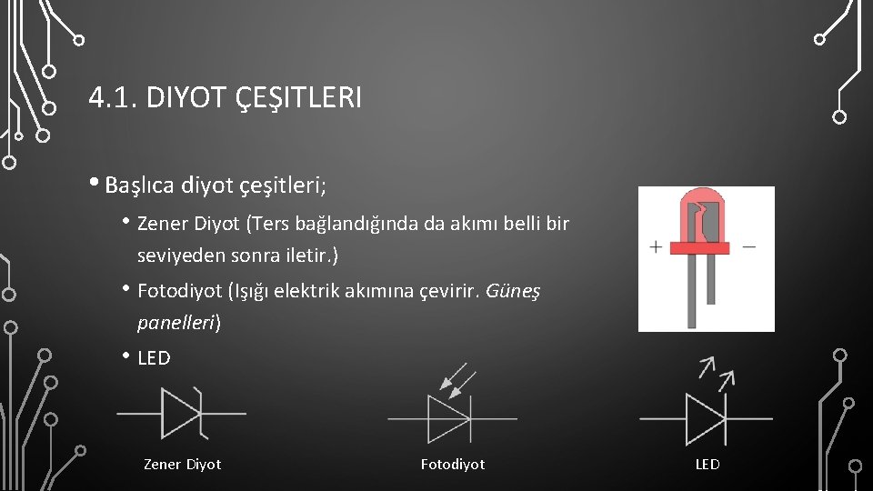 4. 1. DIYOT ÇEŞITLERI • Başlıca diyot çeşitleri; • Zener Diyot (Ters bağlandığında da