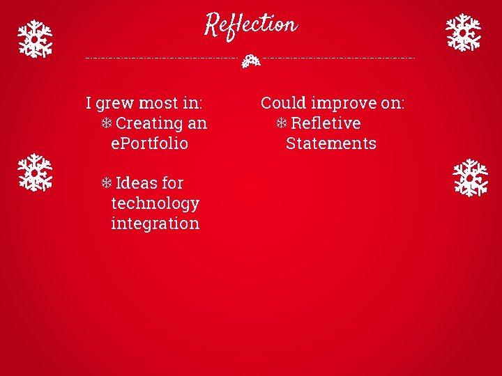 Reflection I grew most in: ❄Creating an e. Portfolio ❄Ideas for technology integration Could