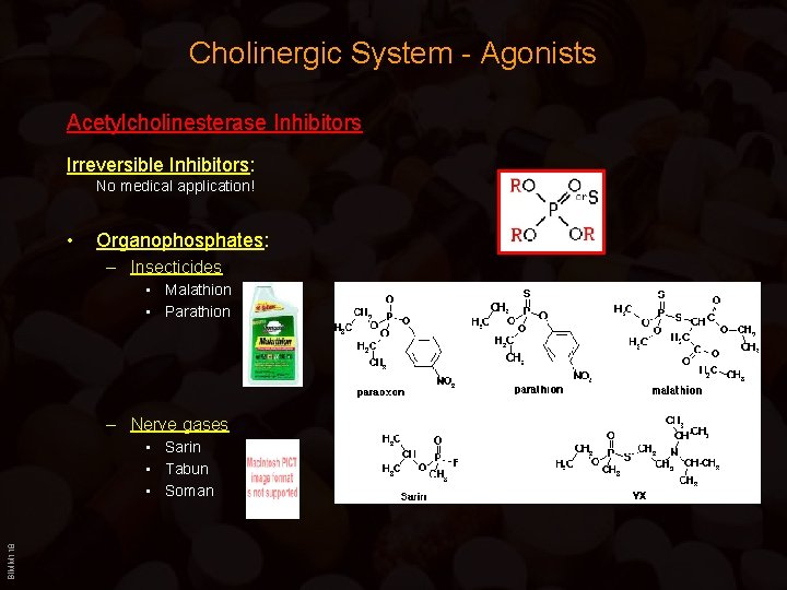 Cholinergic System - Agonists Acetylcholinesterase Inhibitors Irreversible Inhibitors: No medical application! • Organophosphates: –