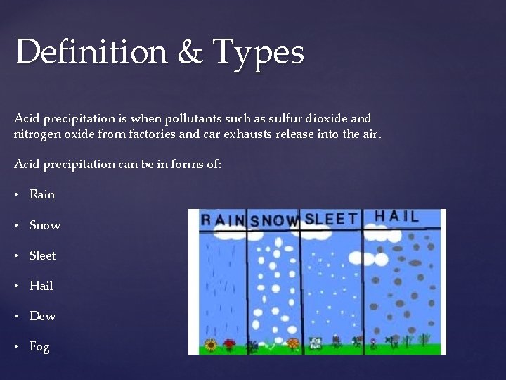 Definition & Types Acid precipitation is when pollutants such as sulfur dioxide and nitrogen