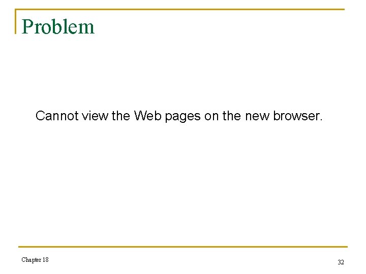 Problem Cannot view the Web pages on the new browser. Chapter 18 32 