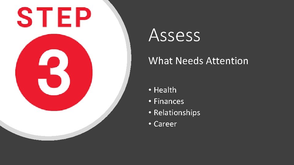 Assess What Needs Attention • Health • Finances • Relationships • Career 