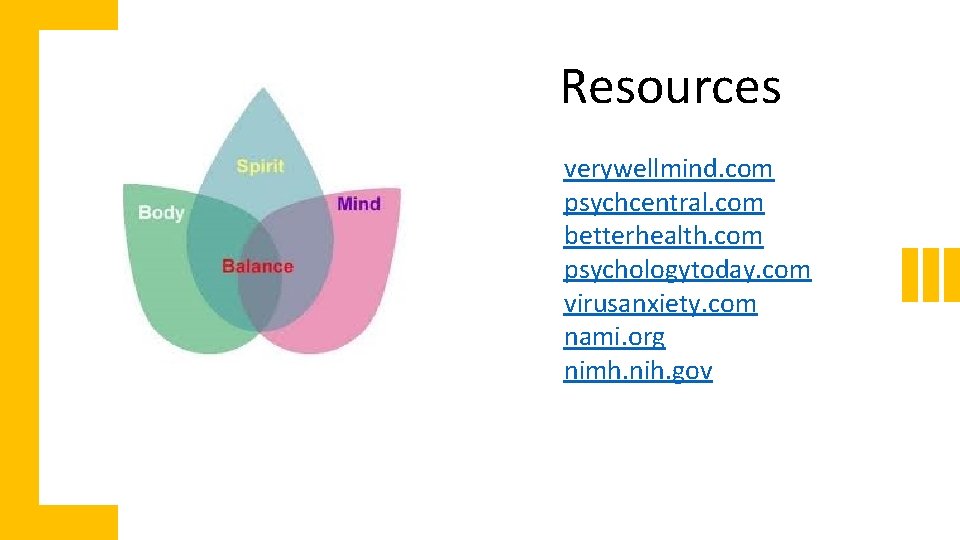 Resources verywellmind. com psychcentral. com betterhealth. com psychologytoday. com virusanxiety. com nami. org nimh.