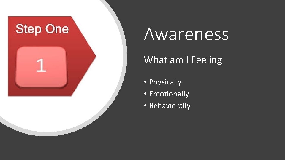 Awareness What am I Feeling • Physically • Emotionally • Behaviorally 