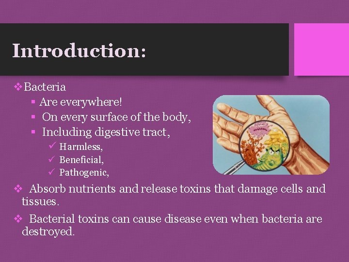 Introduction: v. Bacteria § Are everywhere! § On every surface of the body, §