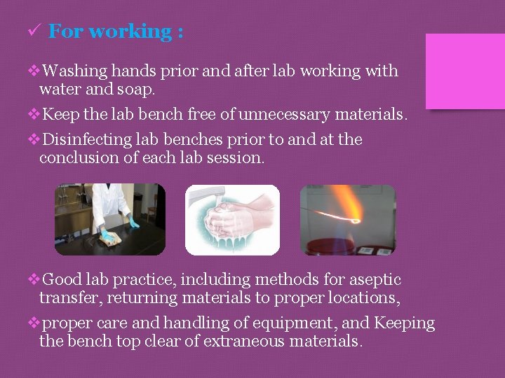 ü For working : v. Washing hands prior and after lab working with water