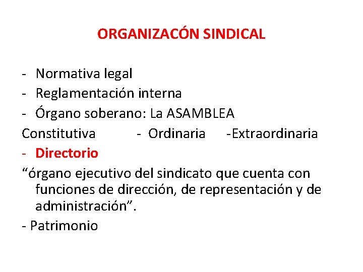 ORGANIZACÓN SINDICAL - Normativa legal - Reglamentación interna - Órgano soberano: La ASAMBLEA Constitutiva