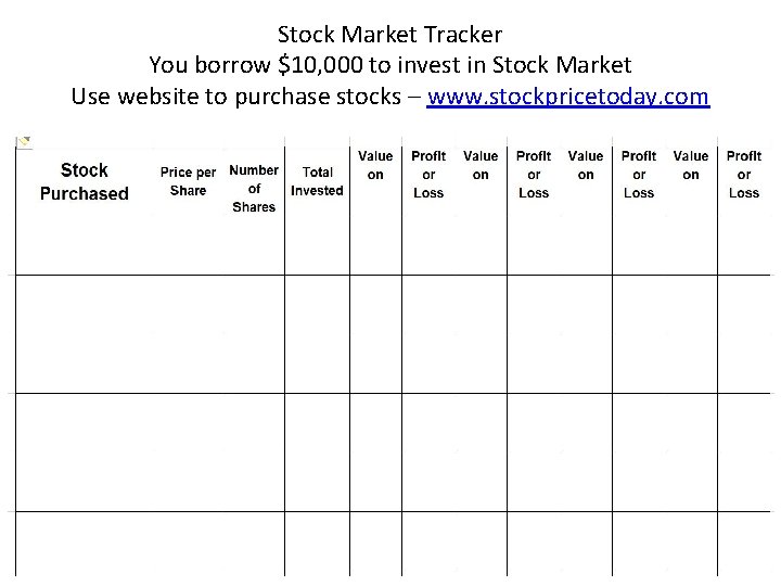 Stock Market Tracker You borrow $10, 000 to invest in Stock Market Use website