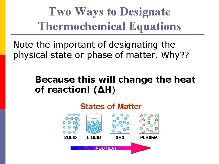 Two Ways to Designate Thermochemical Equations Note the important of designating the physical state