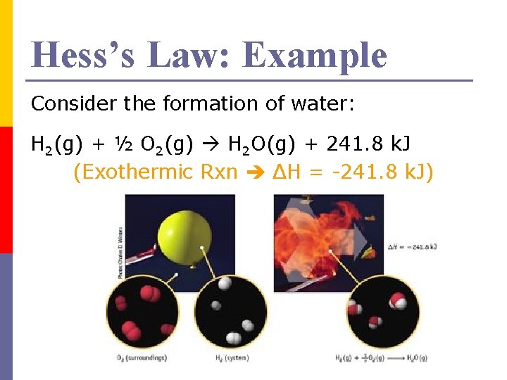 Hess’s Law: Example Consider the formation of water: H 2(g) + ½ O 2(g)