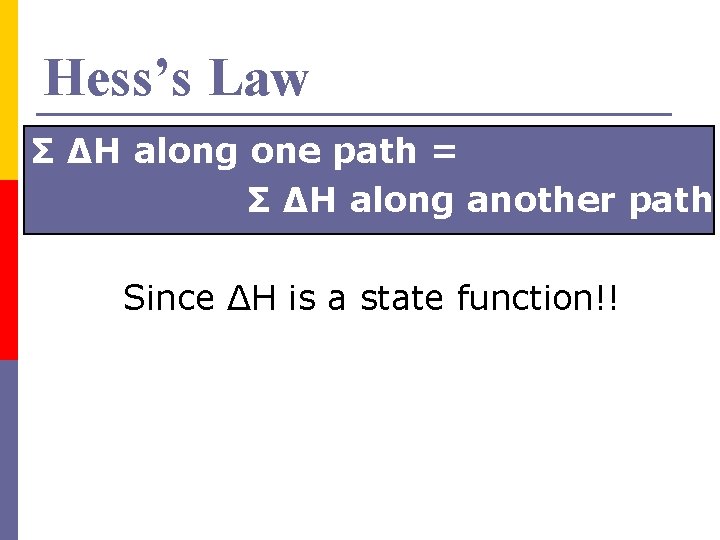 Hess’s Law Σ ΔH along one path = Σ ΔH along another path Since