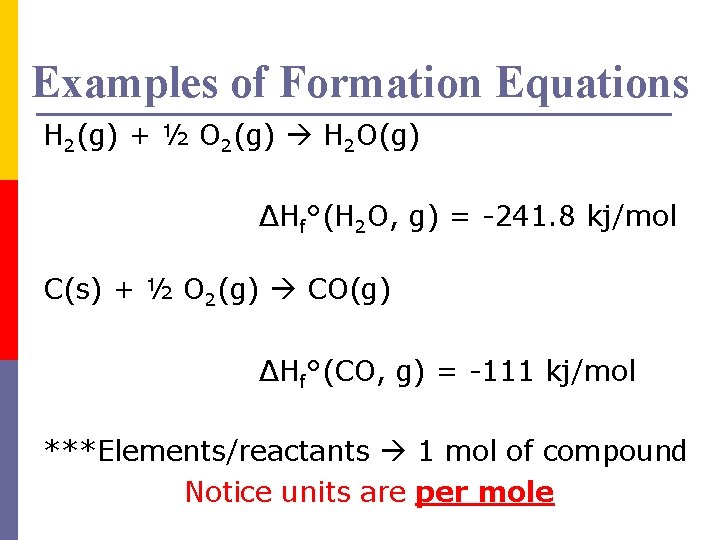 Examples of Formation Equations H 2(g) + ½ O 2(g) H 2 O(g) ΔHf°(H