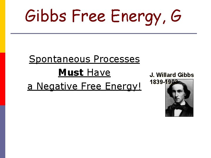 Gibbs Free Energy, G Spontaneous Processes Must Have a Negative Free Energy! J. Willard
