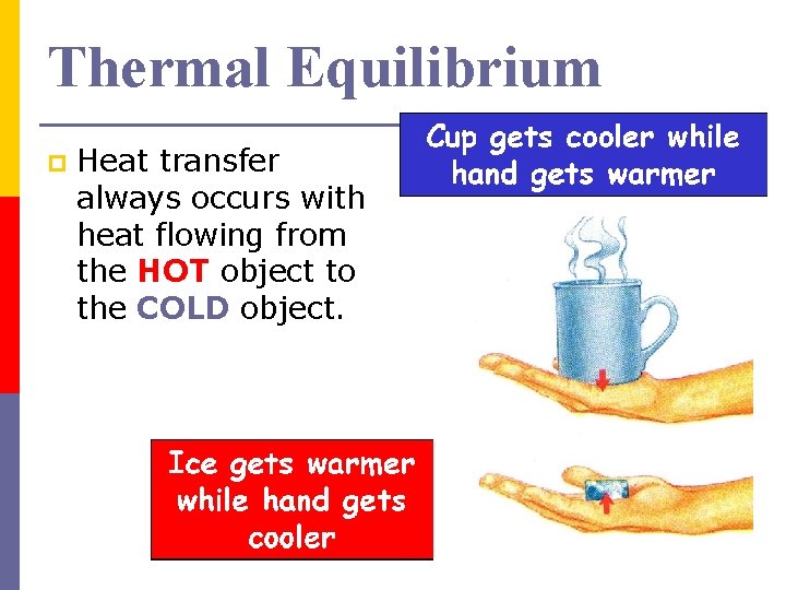 Thermal Equilibrium p Heat transfer always occurs with heat flowing from the HOT object