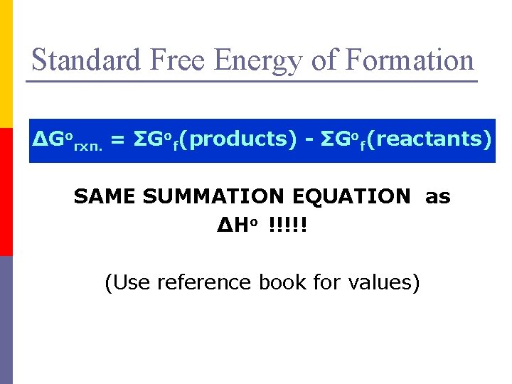 Standard Free Energy of Formation ΔGorxn. = ΣGof(products) - ΣGof(reactants) SAME SUMMATION EQUATION as