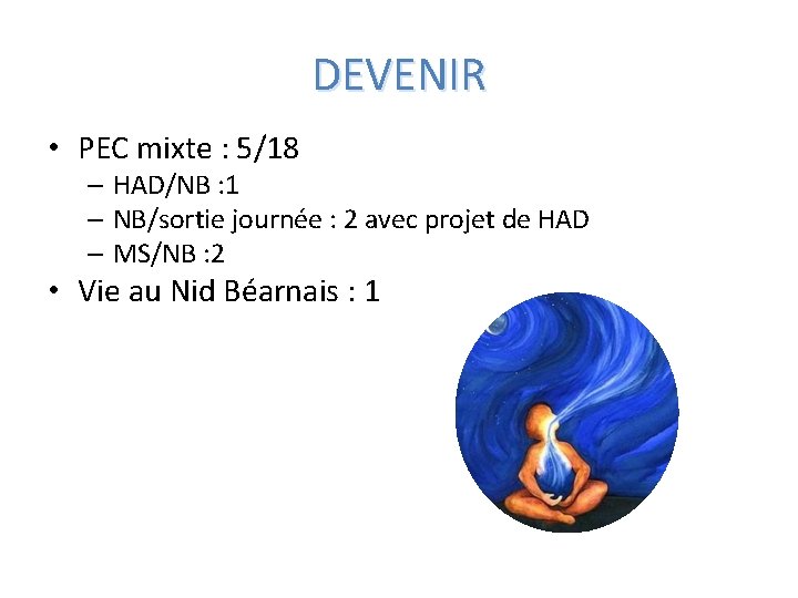 DEVENIR • PEC mixte : 5/18 – HAD/NB : 1 – NB/sortie journée :