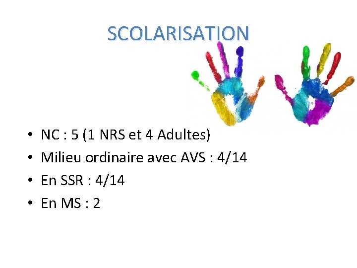 SCOLARISATION • • NC : 5 (1 NRS et 4 Adultes) Milieu ordinaire avec