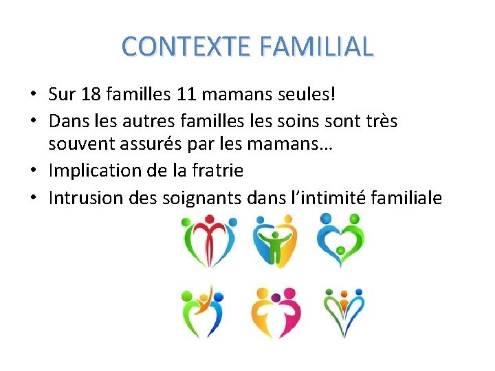 CONTEXTE FAMILIAL • Sur 18 familles 11 mamans seules! • Dans les autres familles