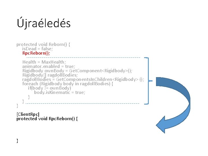 Újraéledés protected void Reborn() { is. Dead = false; Rpc. Reborn(); } Health =