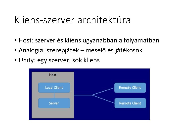Kliens-szerver architektúra • Host: szerver és kliens ugyanabban a folyamatban • Analógia: szerepjáték –