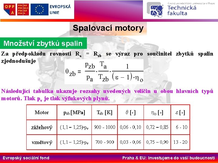 Spalovací motory Množství zbytků spalin Za předpokladu rovnosti Ra = Rzb se výraz pro