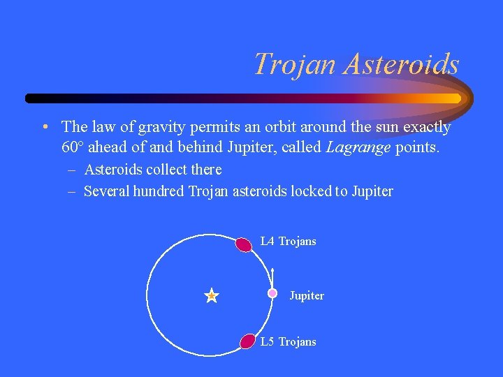 Trojan Asteroids • The law of gravity permits an orbit around the sun exactly
