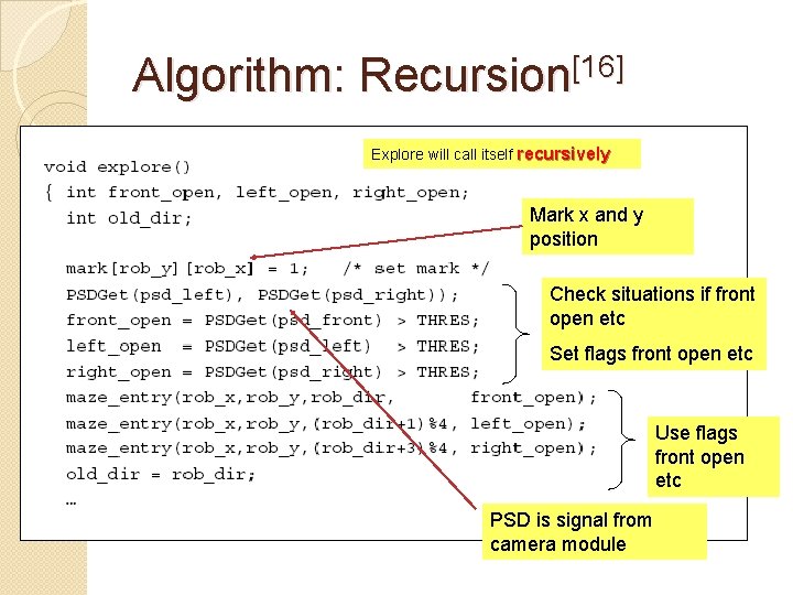 Algorithm: Recursion[16] Explore will call itself recursively Mark x and y position Check situations