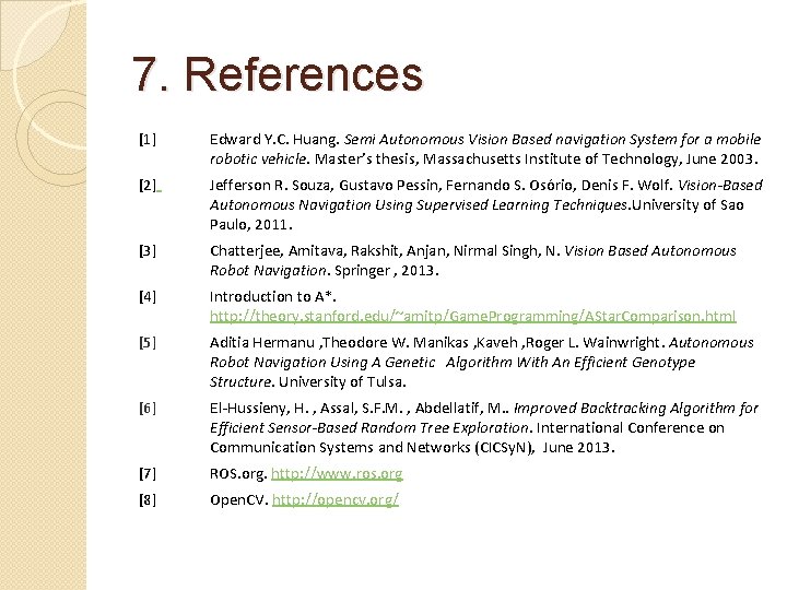 7. References [1] Edward Y. C. Huang. Semi Autonomous Vision Based navigation System for