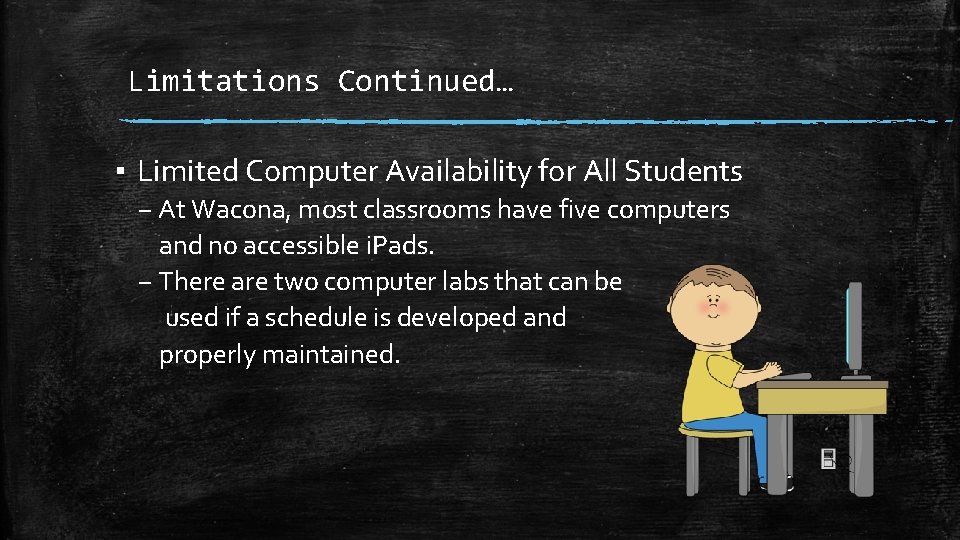 Limitations Continued… ▪ Limited Computer Availability for All Students – At Wacona, most classrooms