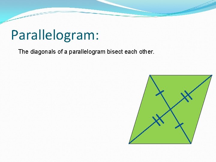 Parallelogram: The diagonals of a parallelogram bisect each other. 