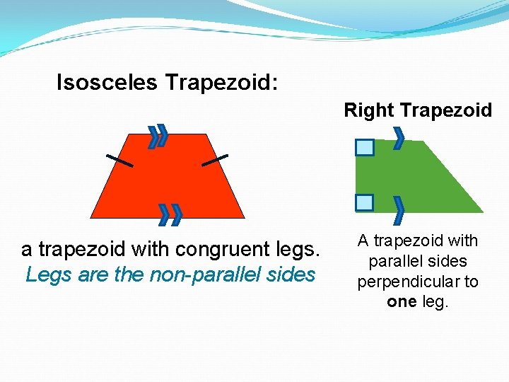 Isosceles Trapezoid: Right Trapezoid a trapezoid with congruent legs. Legs are the non-parallel sides