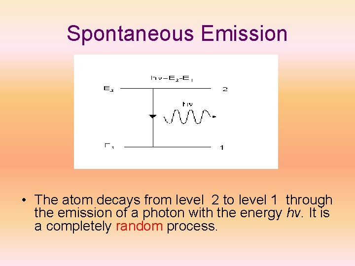 Spontaneous Emission • The atom decays from level 2 to level 1 through the