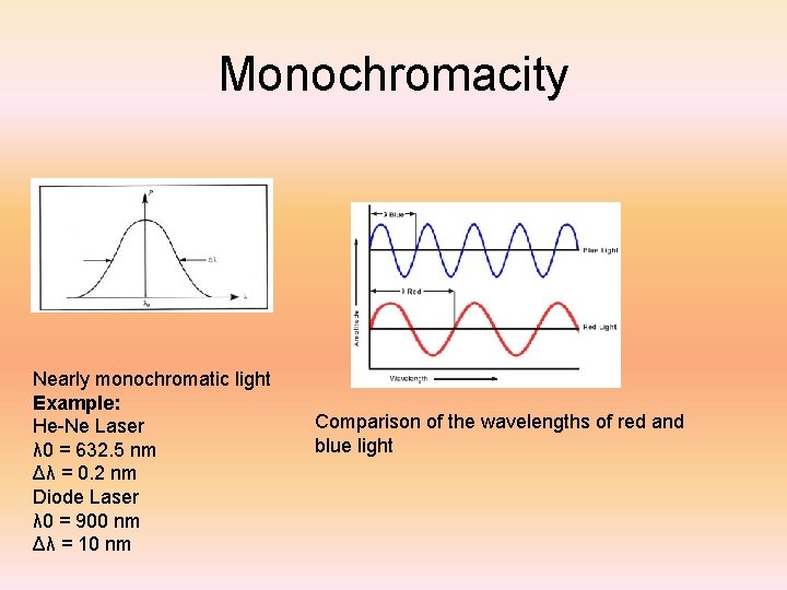 Monochromacity Nearly monochromatic light Example: He-Ne Laser λ 0 = 632. 5 nm Δλ
