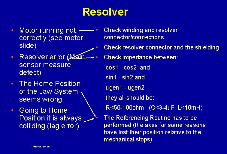Resolver • Motor running not correctly (see motor slide) • Check winding and resolver
