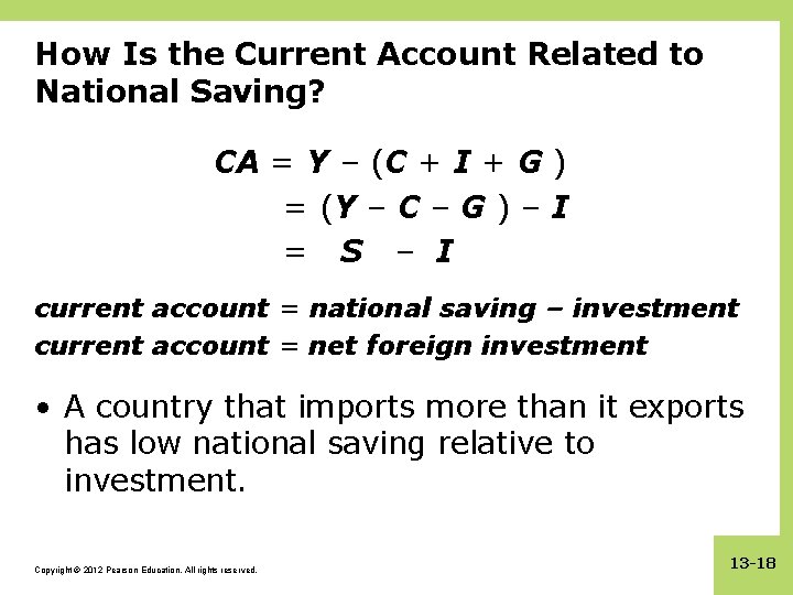 How Is the Current Account Related to National Saving? CA = Y – (C