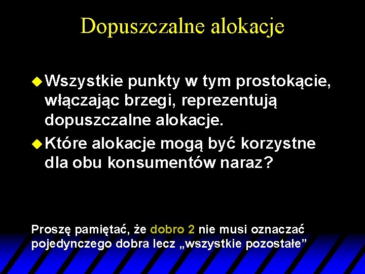 Dopuszczalne alokacje u Wszystkie punkty w tym prostokącie, włączając brzegi, reprezentują dopuszczalne alokacje. u