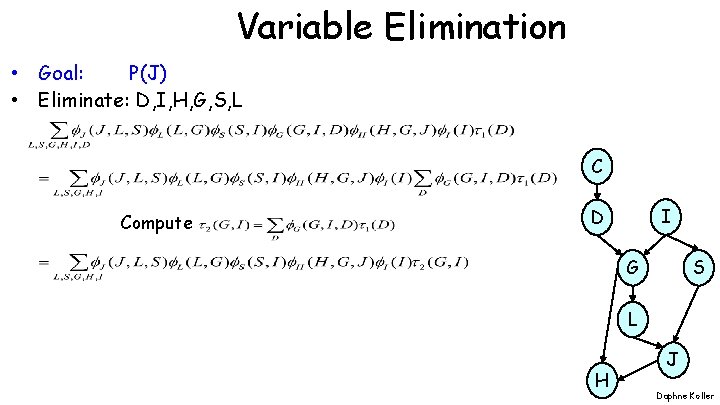 Variable Elimination • Goal: P(J) • Eliminate: D, I, H, G, S, L C Variable Elimination • Goal: P(J) • Eliminate: D, I, H, G, S, L C